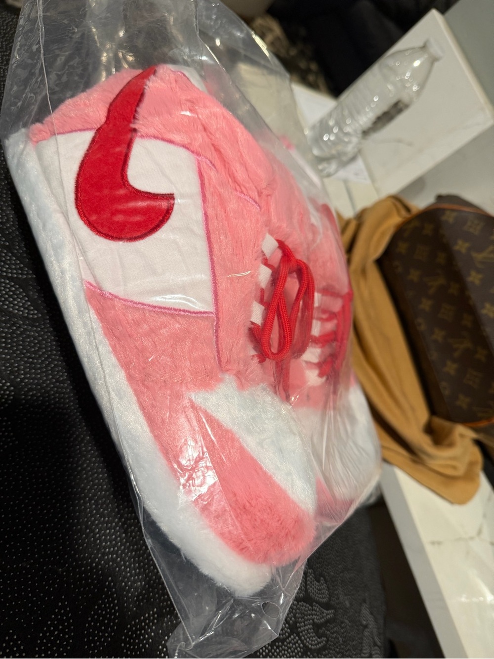 Pink and White NIKE Plush Sneaker Slippers with Red Swoosh